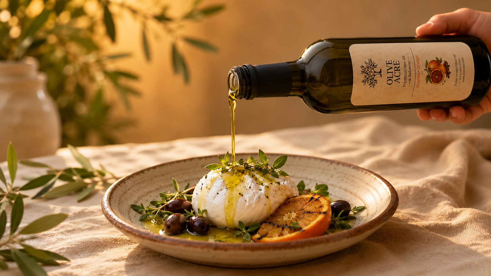 Olive oil being poured over a finished dish